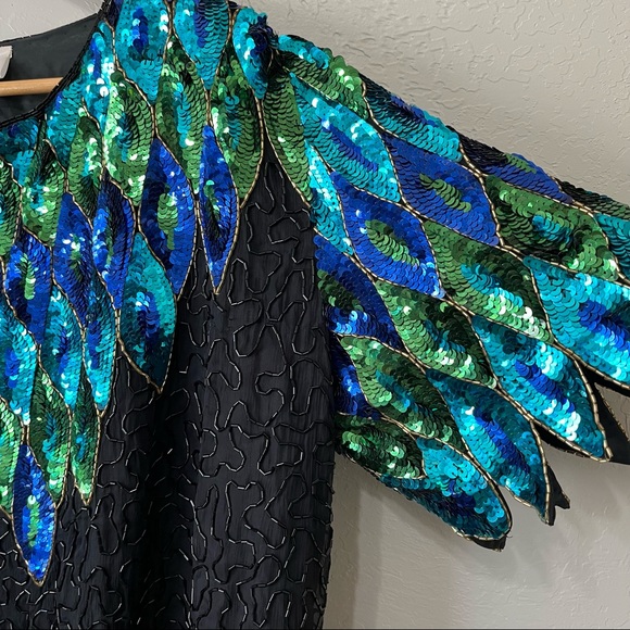 Vintage Sequin 100% Silk Peacock Green Blue Top Blouse - Picture 15 of 15